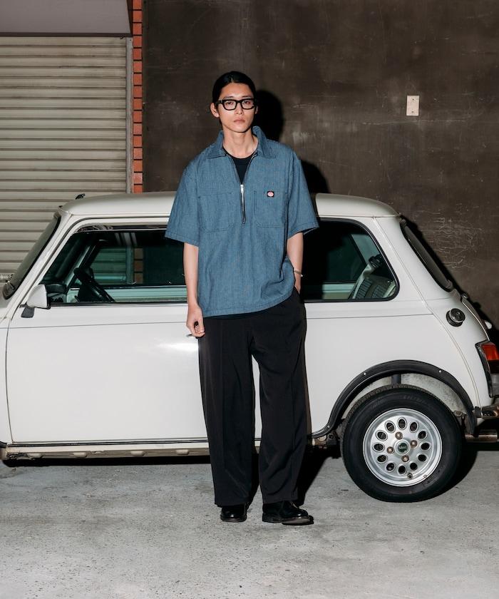 聯名 輕鬆版型 半拉鍊 單標誌 短袖工作襯衫 條紋 格子