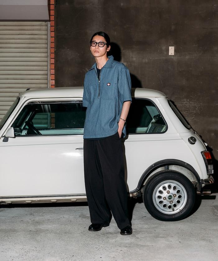 聯名 輕鬆版型 半拉鍊 單標誌 短袖工作襯衫 條紋 格子