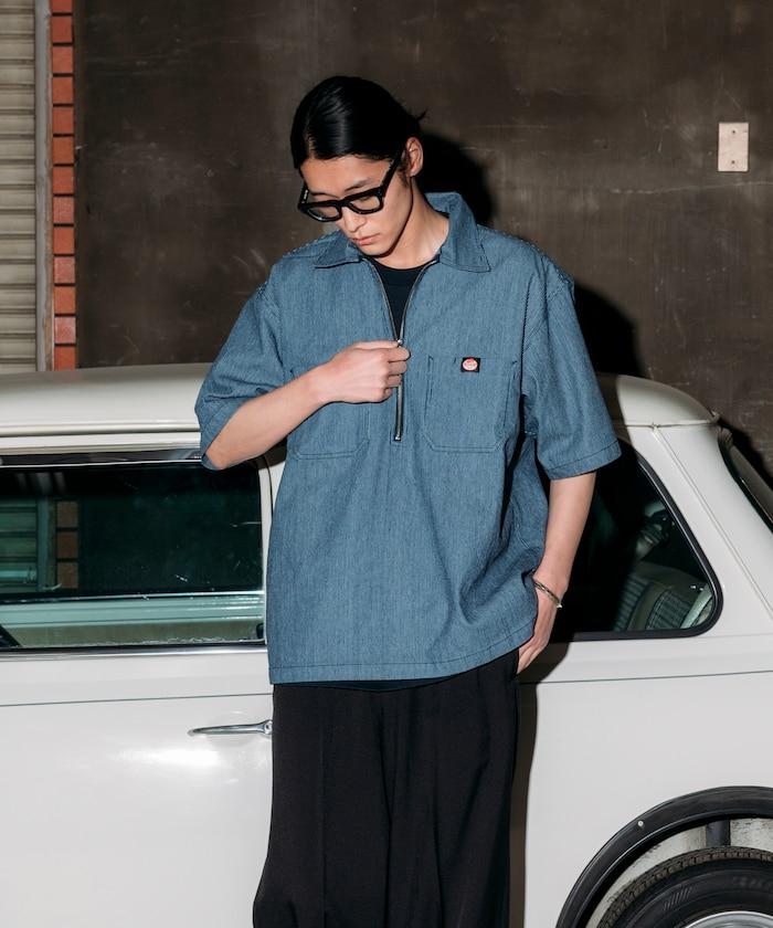 聯名 輕鬆版型 半拉鍊 單標誌 短袖工作襯衫 條紋 格子