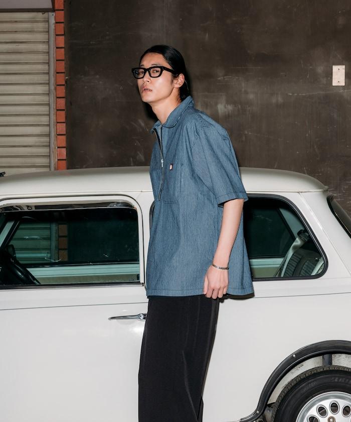 聯名 輕鬆版型 半拉鍊 單標誌 短袖工作襯衫 條紋 格子