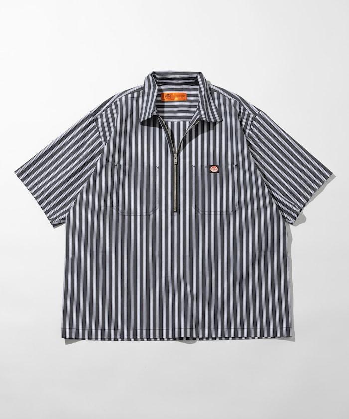 聯名 輕鬆版型 半拉鍊 單標誌 短袖工作襯衫 條紋 格子