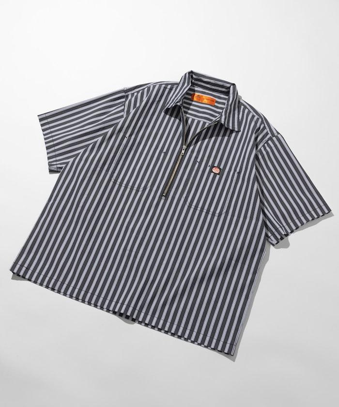 聯名 輕鬆版型 半拉鍊 單標誌 短袖工作襯衫 條紋 格子