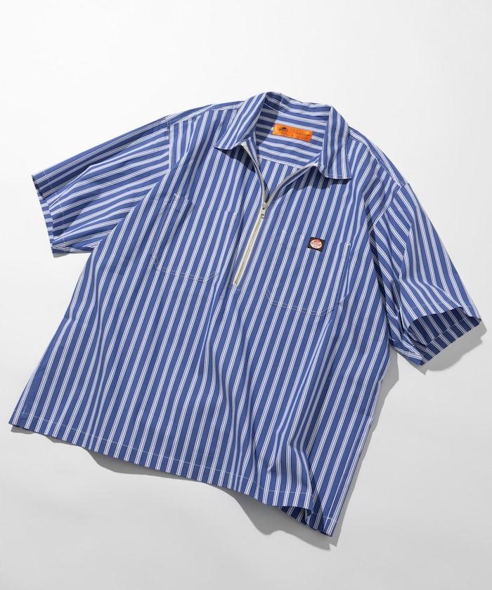 聯名 輕鬆版型 半拉鍊 單標誌 短袖工作襯衫 條紋 格子