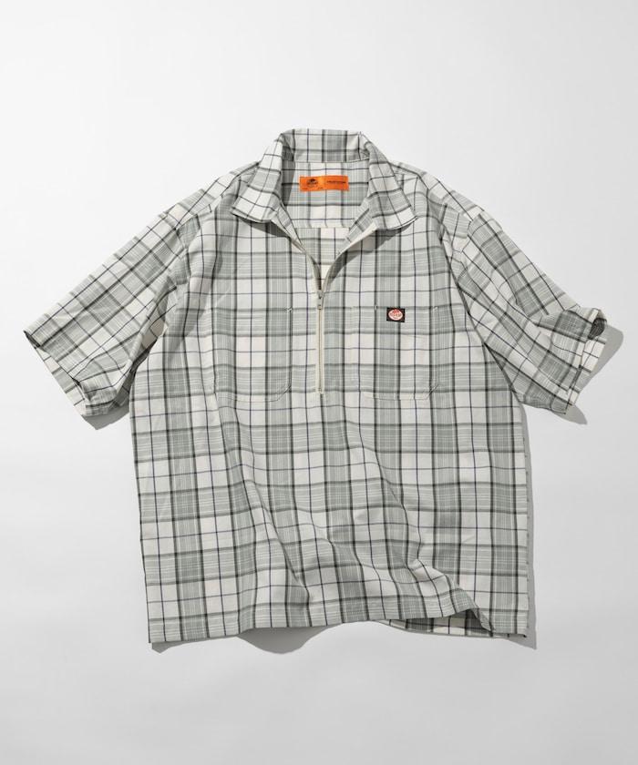 聯名 輕鬆版型 半拉鍊 單標誌 短袖工作襯衫 條紋 格子