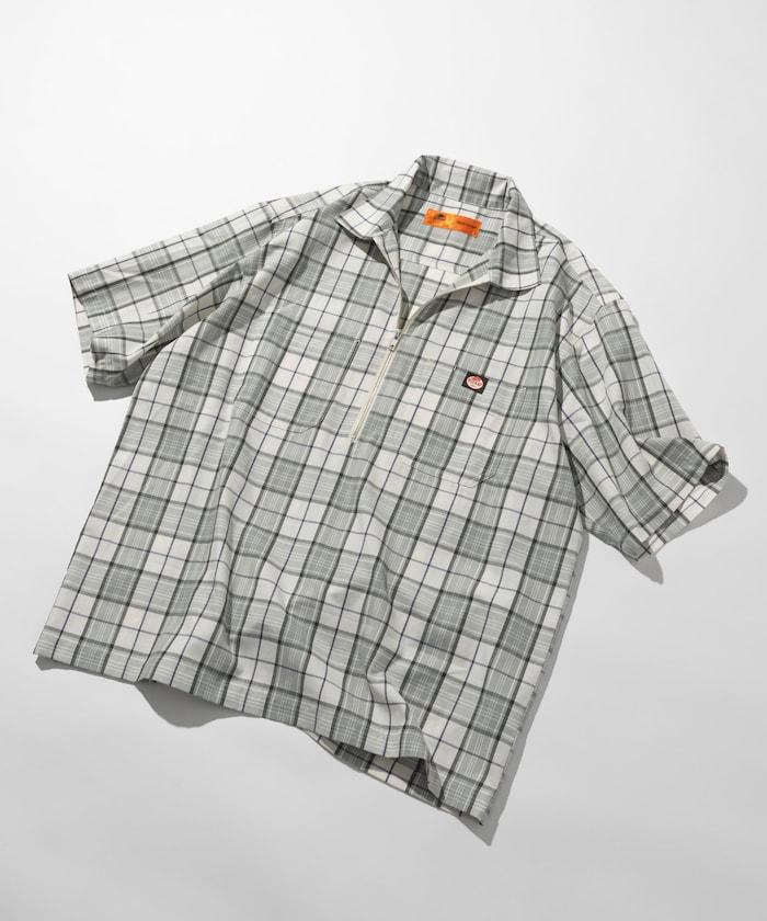 聯名 輕鬆版型 半拉鍊 單標誌 短袖工作襯衫 條紋 格子