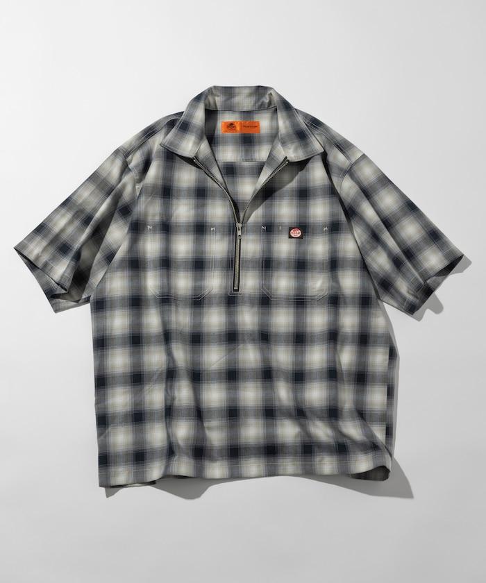 聯名 輕鬆版型 半拉鍊 單標誌 短袖工作襯衫 條紋 格子