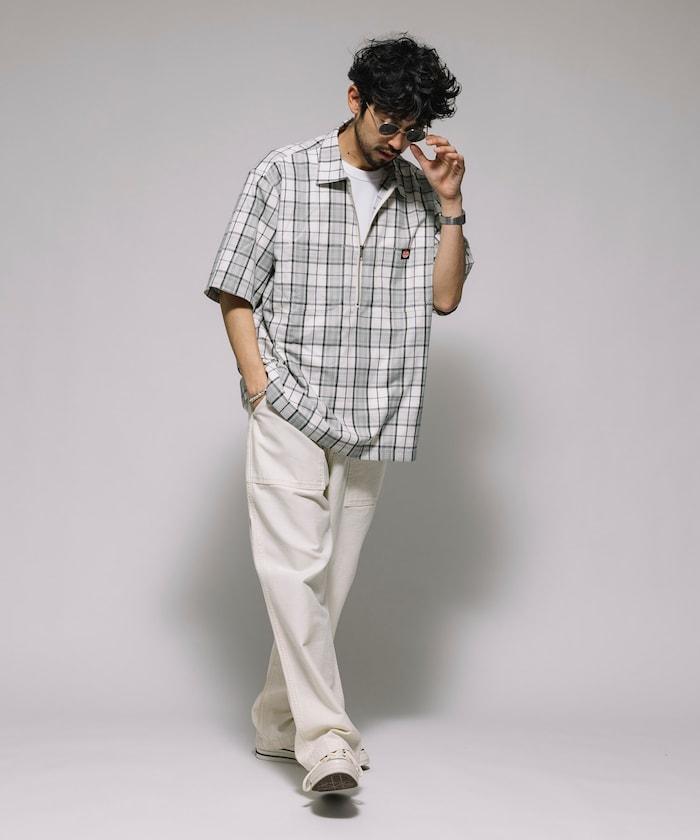 聯名 輕鬆版型 半拉鍊 單標誌 短袖工作襯衫 條紋 格子