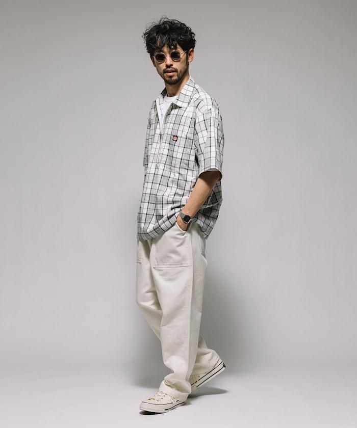 聯名 輕鬆版型 半拉鍊 單標誌 短袖工作襯衫 條紋 格子