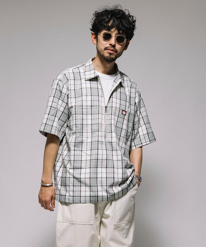 聯名 輕鬆版型 半拉鍊 單標誌 短袖工作襯衫 條紋 格子