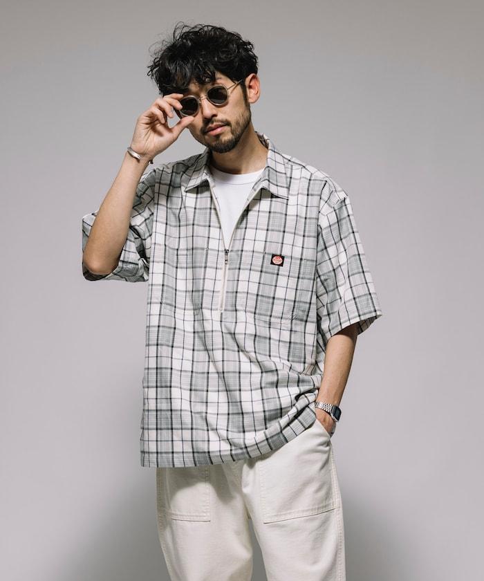 聯名 輕鬆版型 半拉鍊 單標誌 短袖工作襯衫 條紋 格子