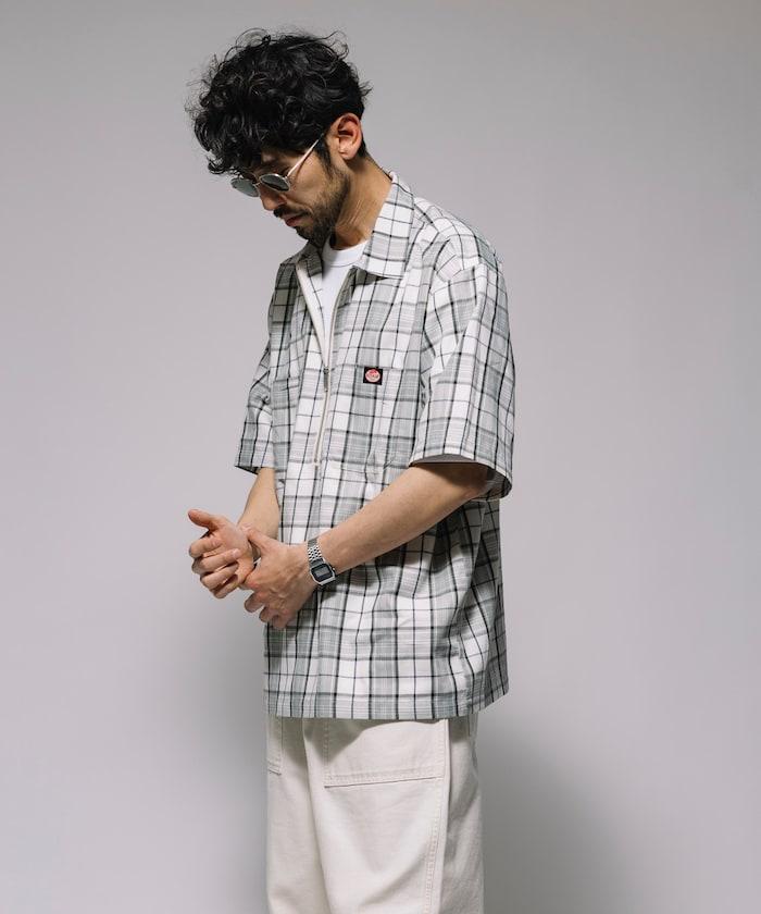 聯名 輕鬆版型 半拉鍊 單標誌 短袖工作襯衫 條紋 格子