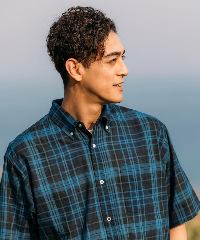 印度制 寬鬆版型 深色馬德拉斯格子 紐扣襯衫 短袖