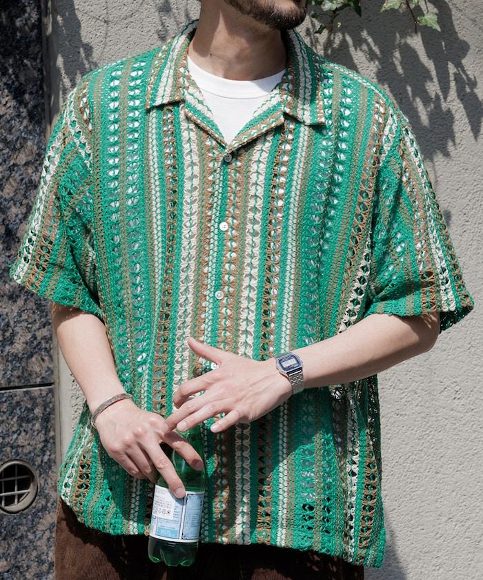 印度制 寬鬆版型 綜合圖案蕾絲 多色條紋 開領襯衫 短袖