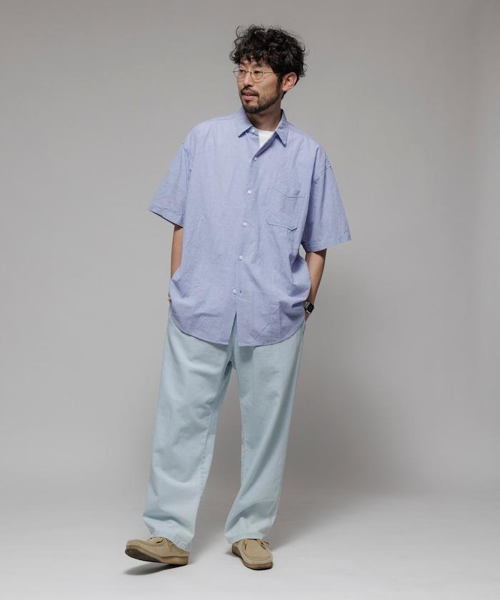聯名 皺紋加工 舒適版型 常規領口 短袖條紋襯衫