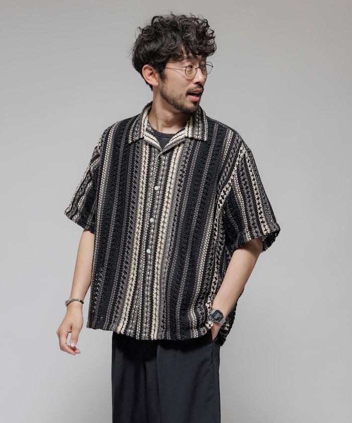 印度制 寬鬆版型 綜合圖案蕾絲 多色條紋 開領襯衫 短袖