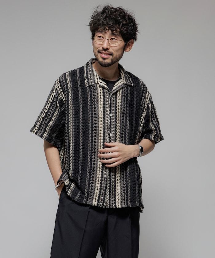印度制 寬鬆版型 綜合圖案蕾絲 多色條紋 開領襯衫 短袖