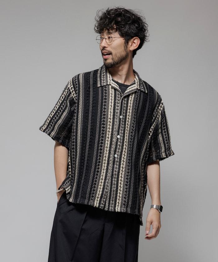 印度制 寬鬆版型 綜合圖案蕾絲 多色條紋 開領襯衫 短袖