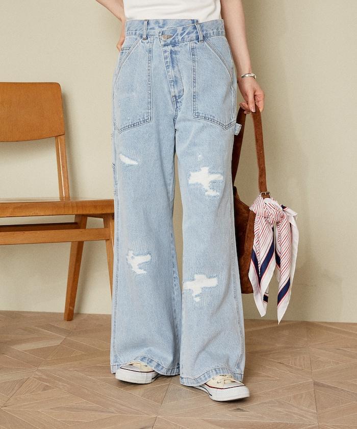 交叉細節 畫家寬鬆破洞褲