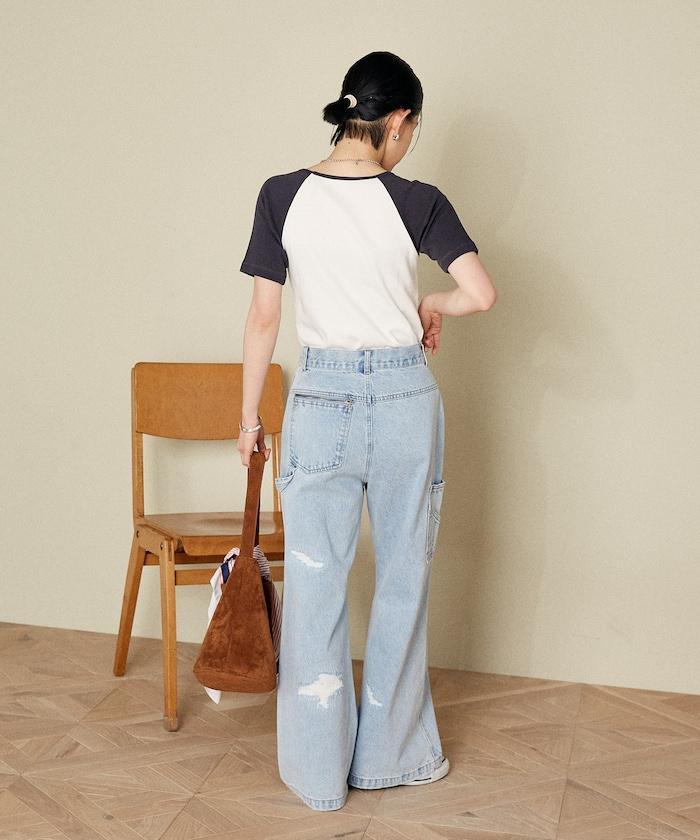 交叉細節 畫家寬鬆破洞褲