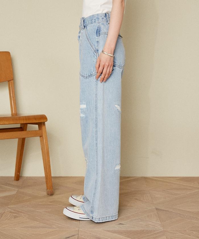 交叉細節 畫家寬鬆破洞褲