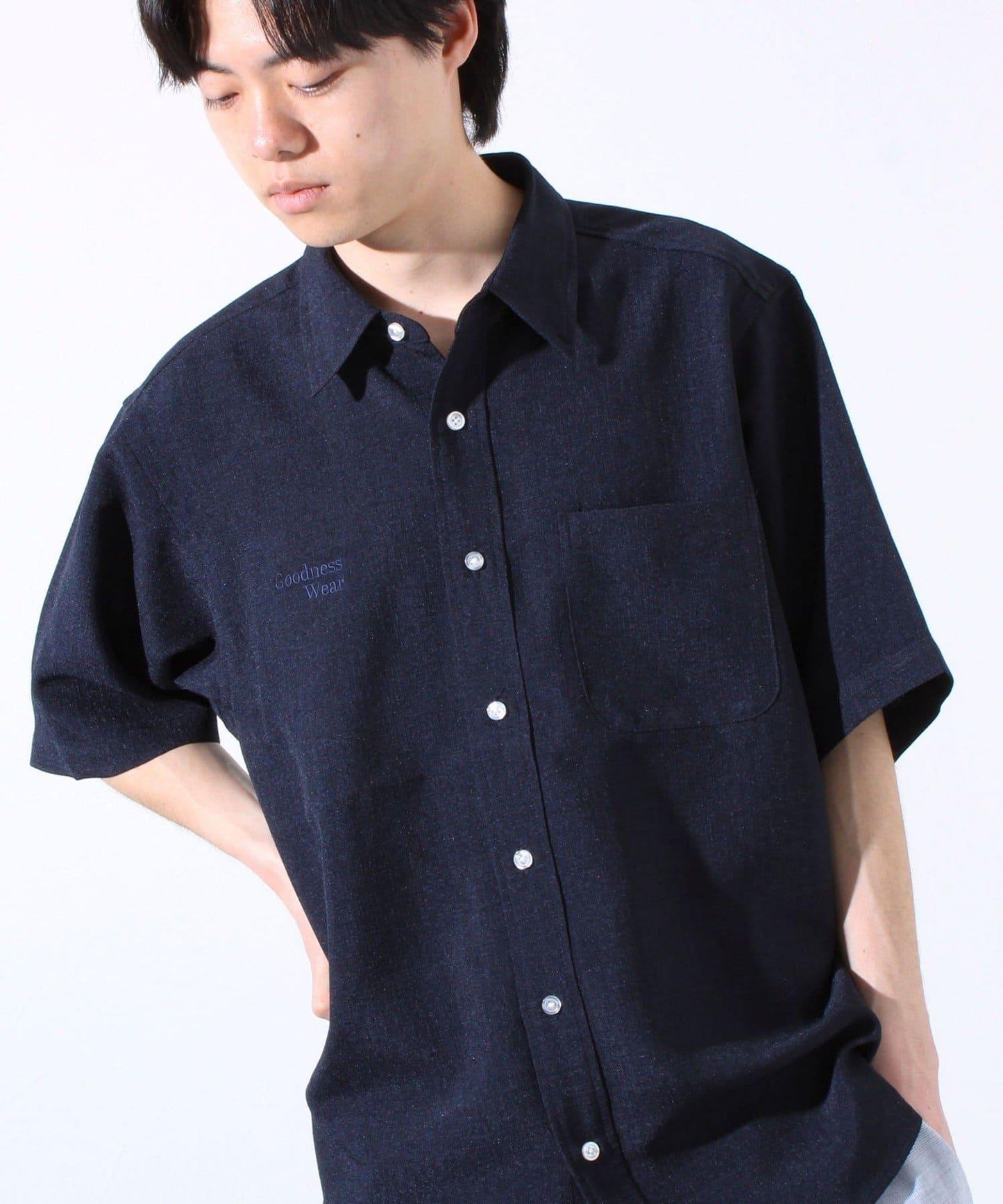 【GLOSTER】亞麻質感帆布 GOODNESS刺繡 短袖襯衫