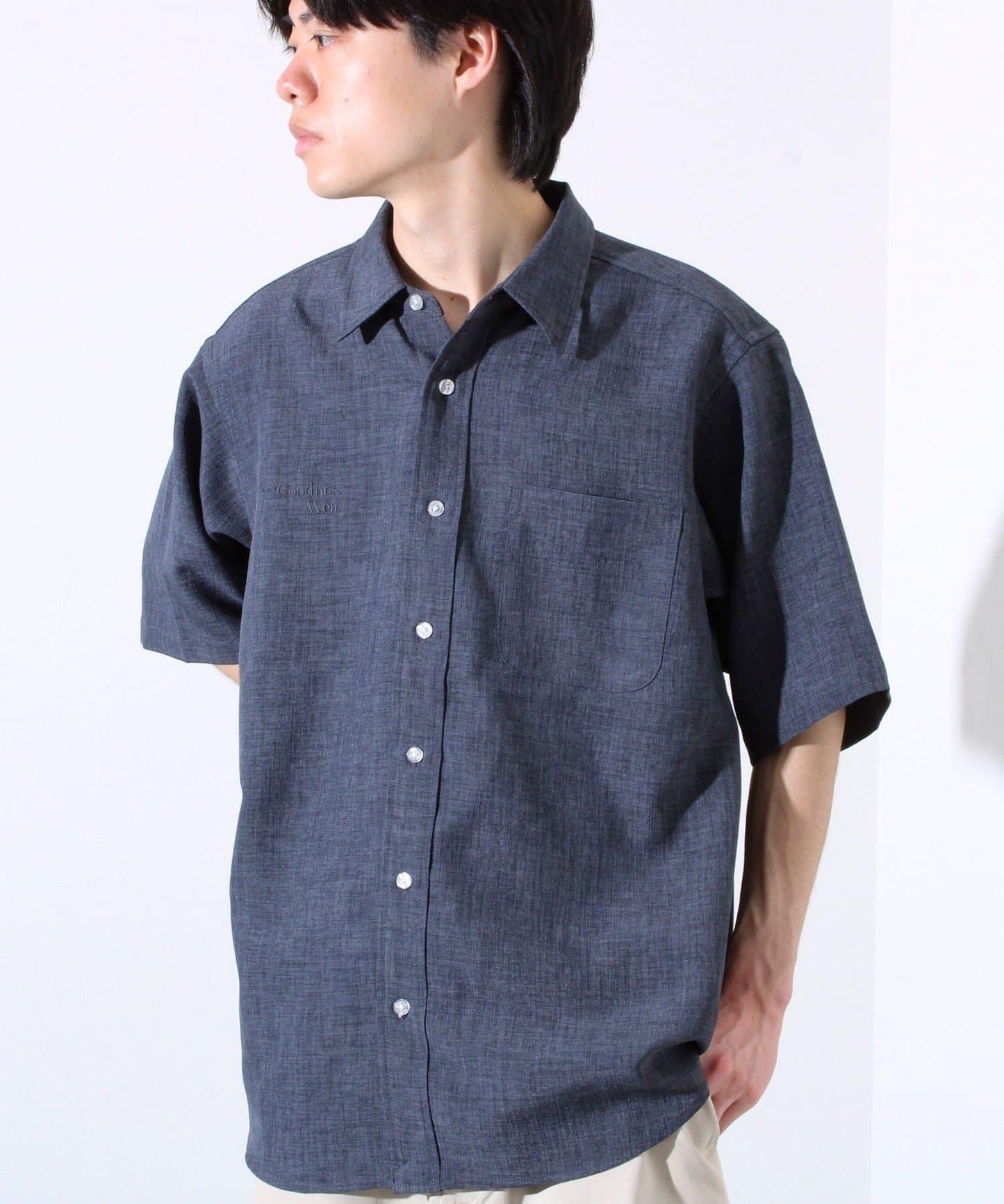 【GLOSTER】亞麻質感帆布 GOODNESS刺繡 短袖襯衫