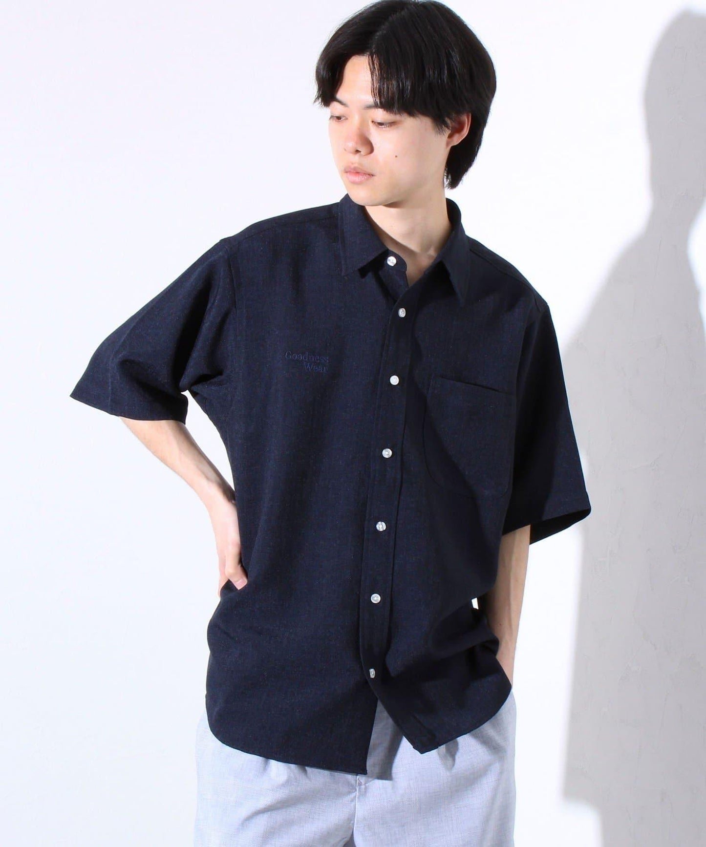 【GLOSTER】亞麻質感帆布 GOODNESS刺繡 短袖襯衫