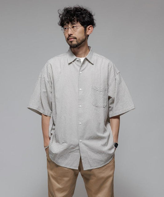 聯名 輕鬆版型 褶皺處理 常規領口 短袖 格子襯衫