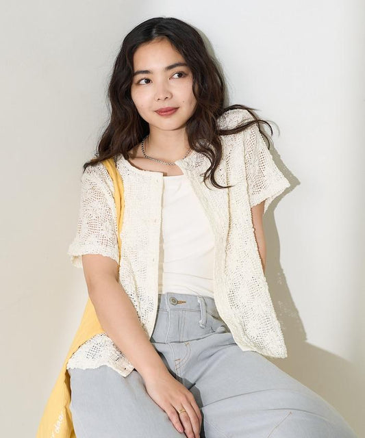 2WAY花朵網眼短袖開衫