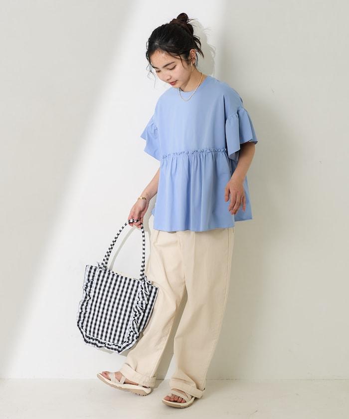 <防紫外線>多功能袖口荷葉邊短袖T恤/功能性材料拼接T恤