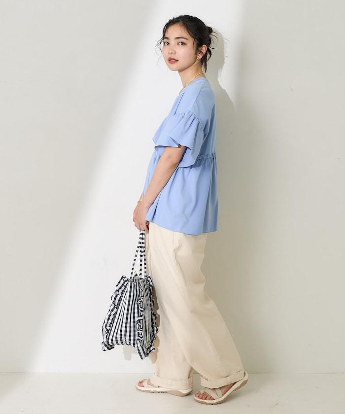 <防紫外線>多功能袖口荷葉邊短袖T恤/功能性材料拼接T恤