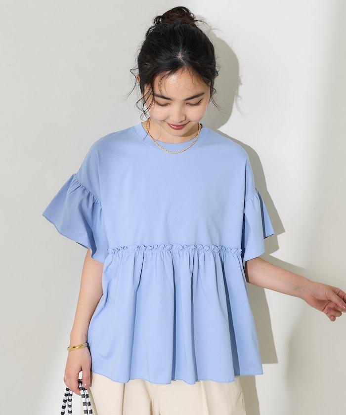 <防紫外線>多功能袖口荷葉邊短袖T恤/功能性材料拼接T恤