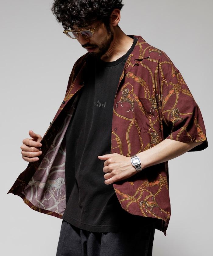 舒適版型 可水洗 人造絲 方巾圖案 開領襯衫 短袖