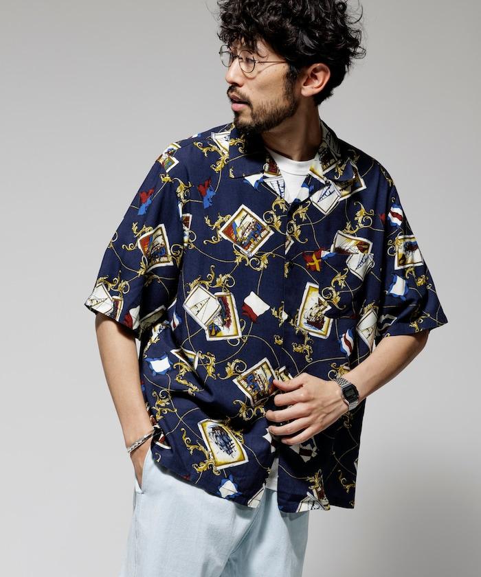 舒適版型 可水洗 人造絲 方巾圖案 開領襯衫 短袖