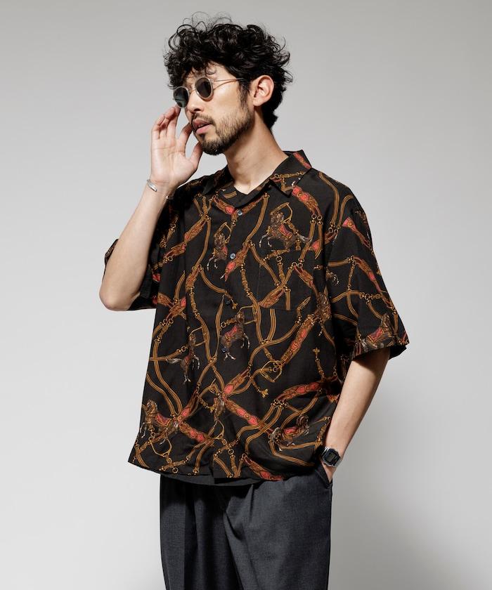 舒適版型 可水洗 人造絲 方巾圖案 開領襯衫 短袖