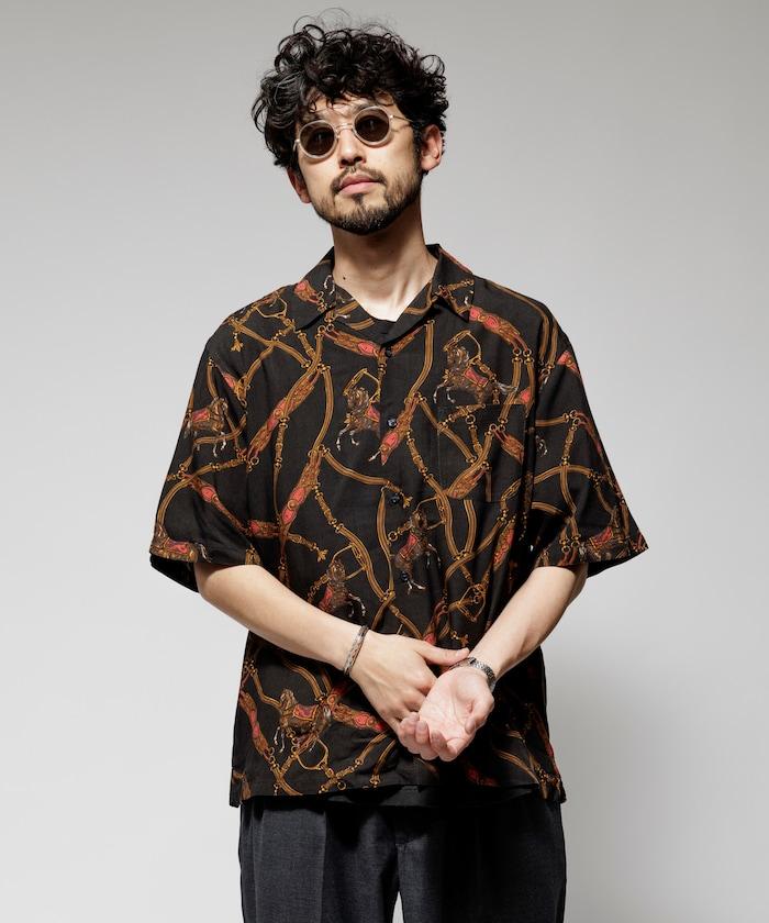 舒適版型 可水洗 人造絲 方巾圖案 開領襯衫 短袖