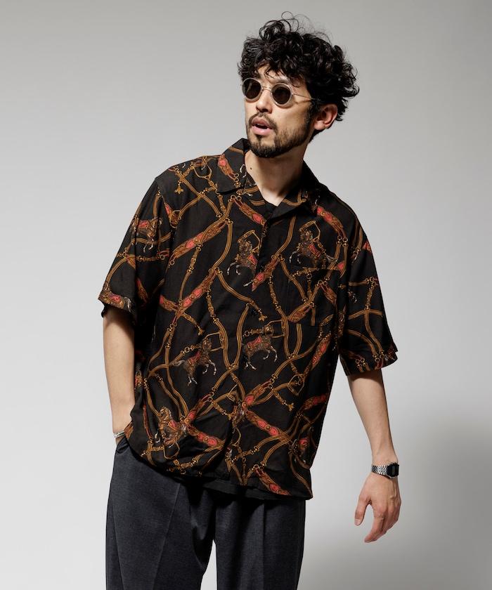 舒適版型 可水洗 人造絲 方巾圖案 開領襯衫 短袖