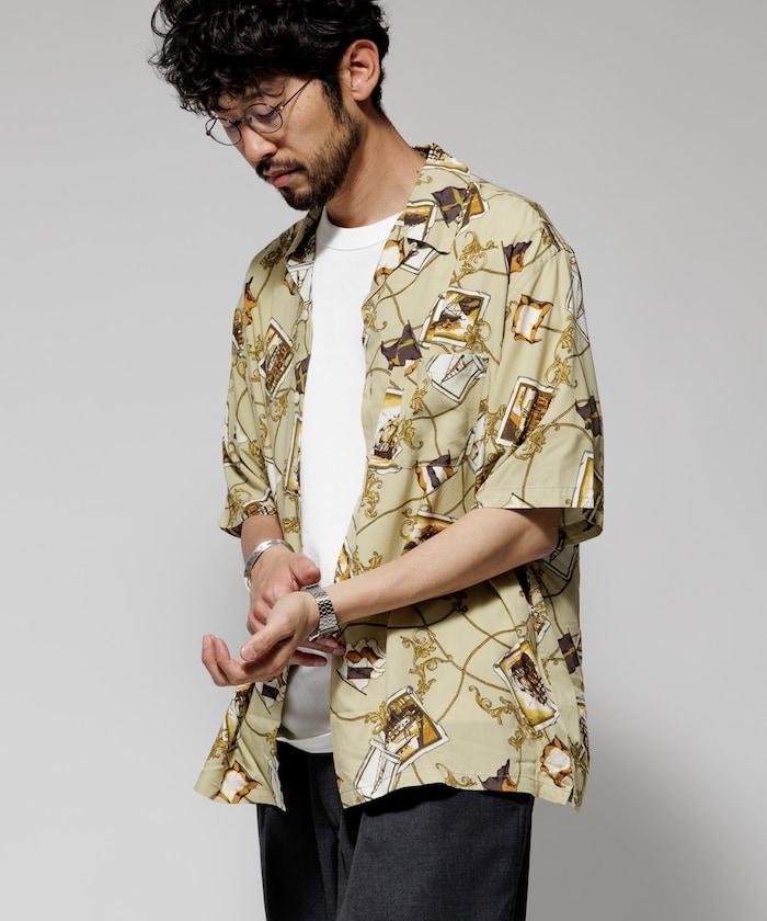 舒適版型 可水洗 人造絲 方巾圖案 開領襯衫 短袖