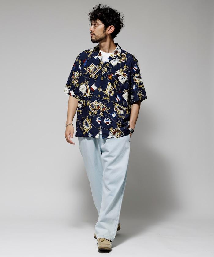 舒適版型 可水洗 人造絲 方巾圖案 開領襯衫 短袖