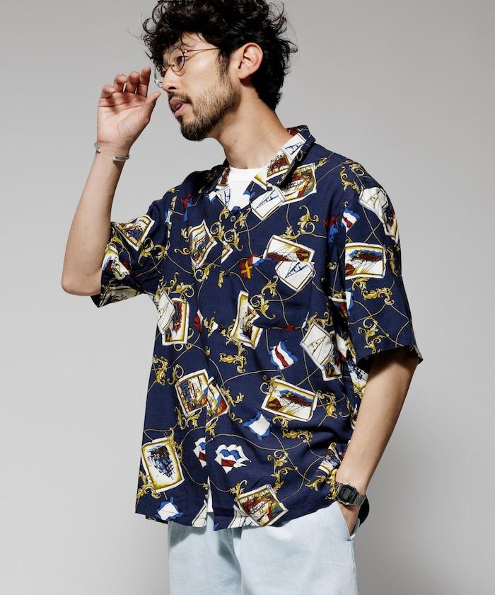 舒適版型 可水洗 人造絲 方巾圖案 開領襯衫 短袖