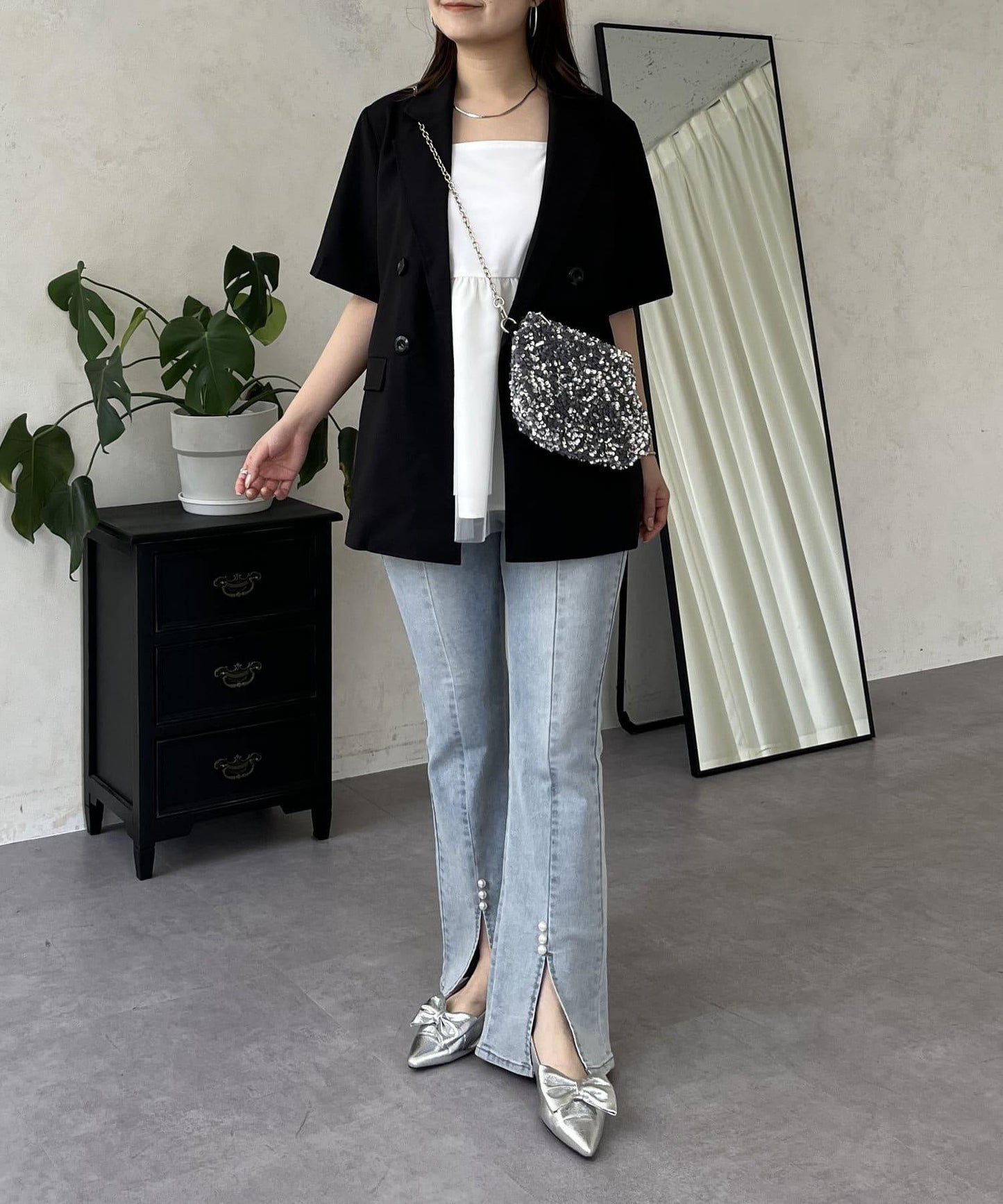 亞麻觸感W鈕釦短袖夾克