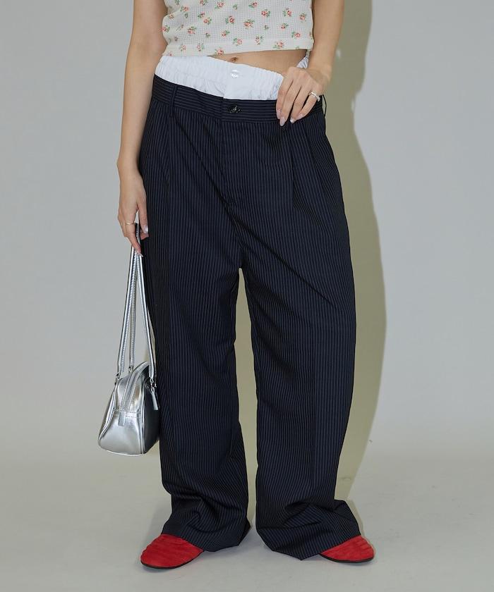 細條紋 雙高腰 雙褶 寬鬆褲