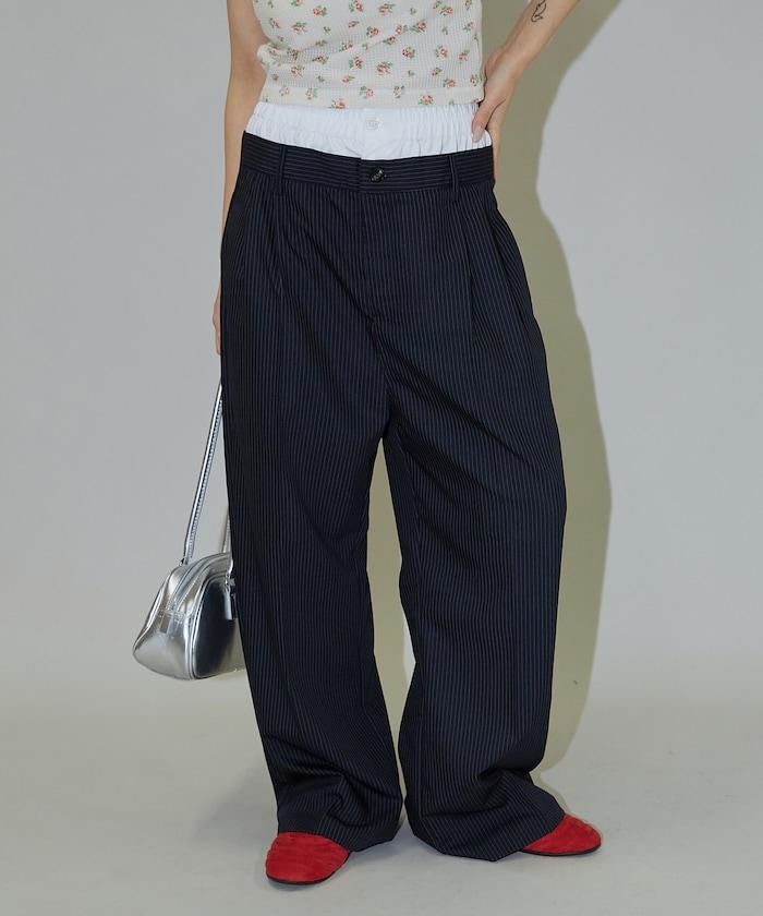 細條紋 雙高腰 雙褶 寬鬆褲