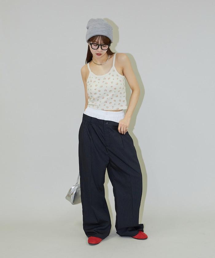 細條紋 雙高腰 雙褶 寬鬆褲