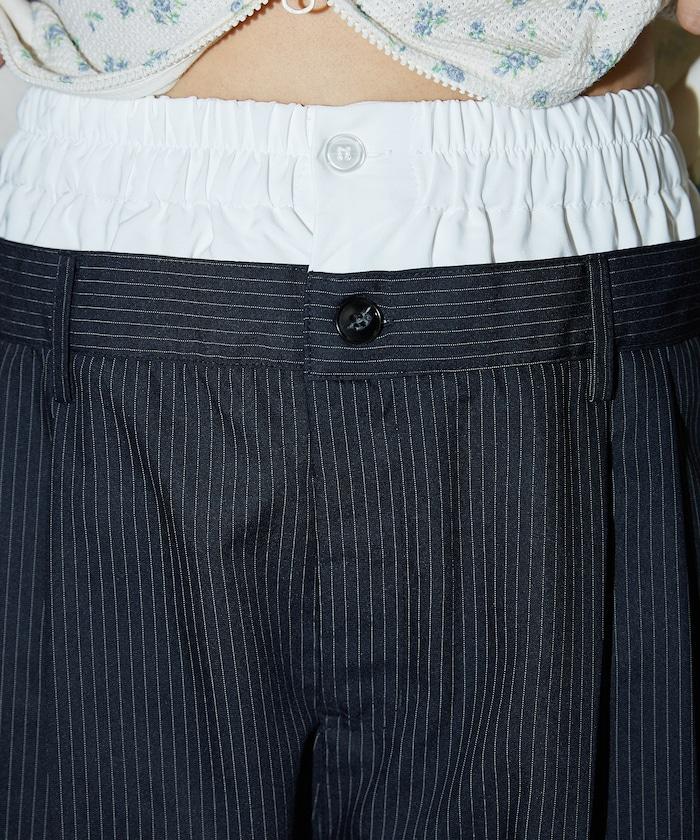 細條紋 雙高腰 雙褶 寬鬆褲