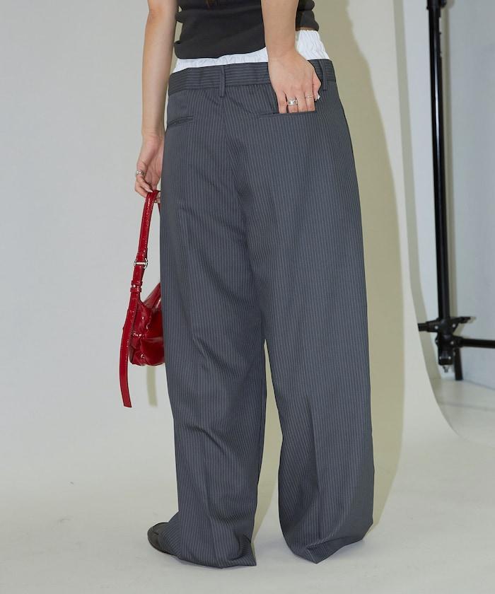 細條紋 雙高腰 雙褶 寬鬆褲