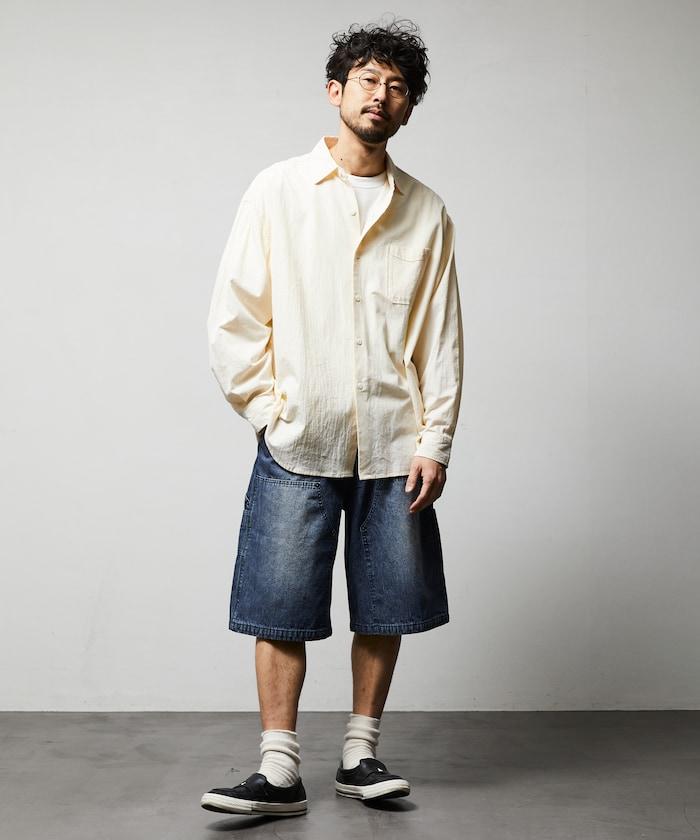 寬鬆剪裁 復古加工 雙膝 胡桃木紋牛仔短褲