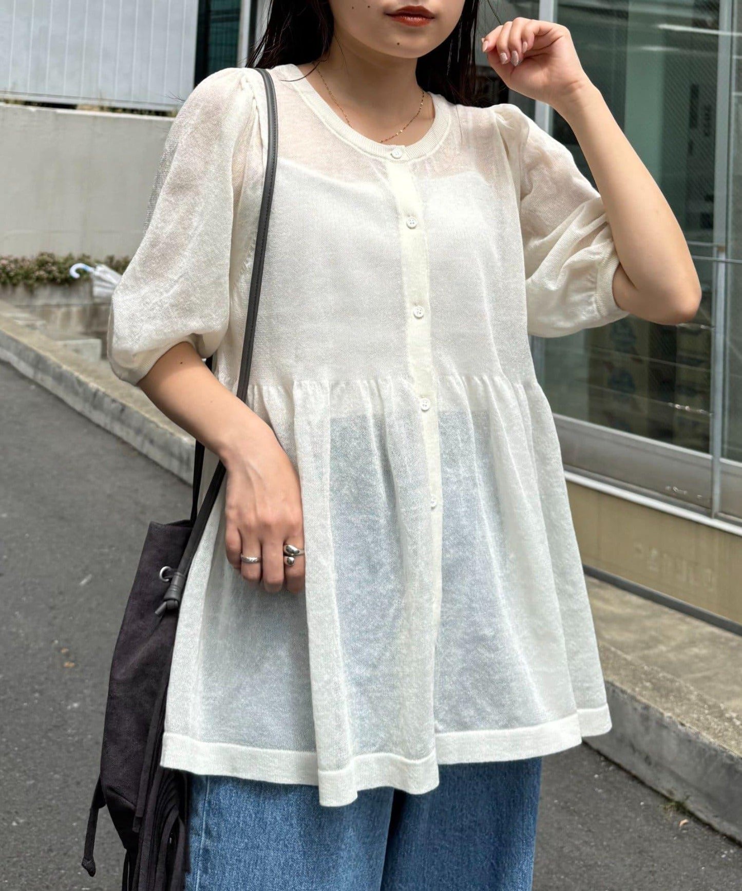 【柳】2WAY透視荷葉邊泡泡袖針織衫