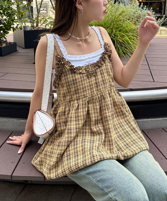 荷葉邊格紋氣球吊帶背心