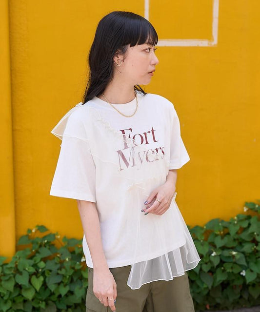 蕾絲拼接印花T恤/透視拼接T恤